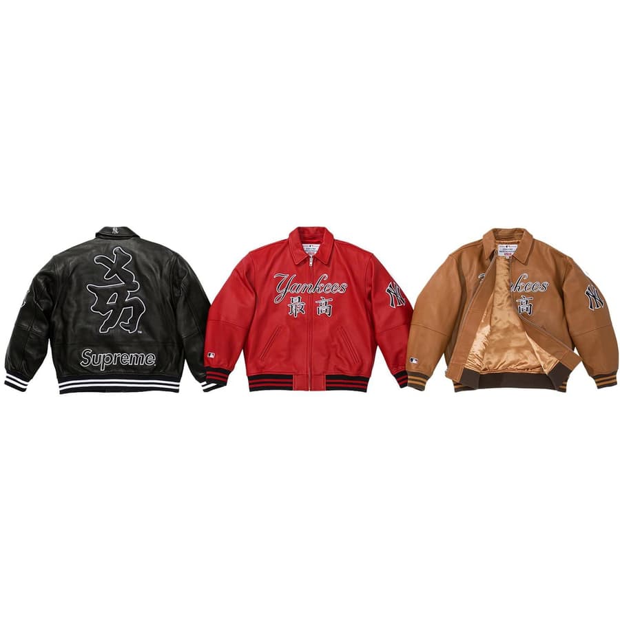 Supreme®/new York Yankees™ Kanji Leather Varsity Jacket release photo 1