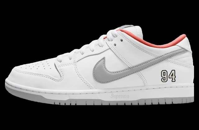 Supreme x Nike SB Dunk Low White / Metallic Silver-White Nike release photo