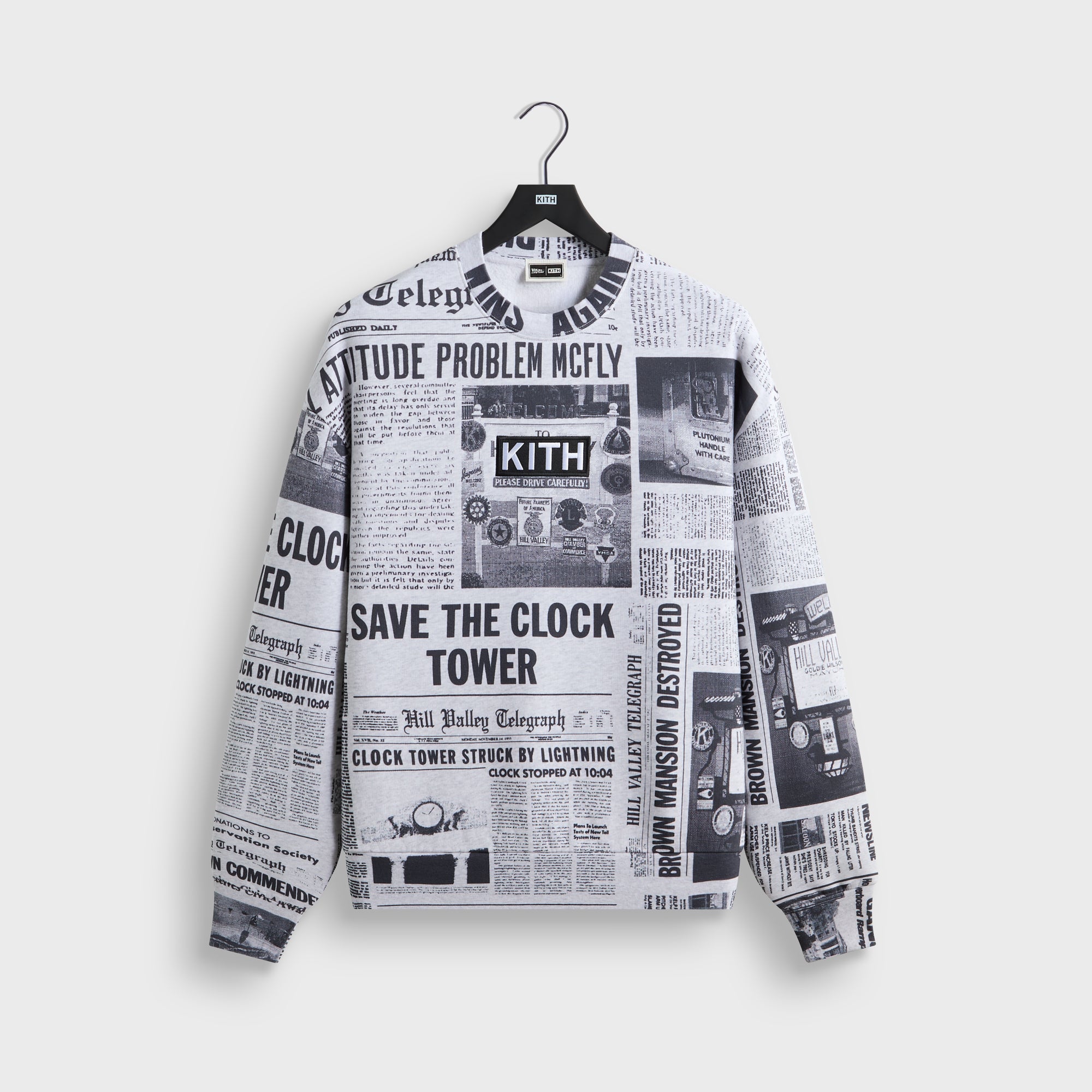 Kith for Back to the Future Newspaper All-Over Printed Nelson Crewneck - Light Heather Grey - PH